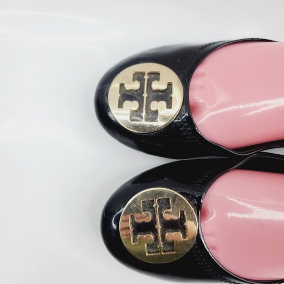 Tory Burch Women's Black Gold Minnie Leather Slip-On Casual Ballet Flat Size 8 - Picture 3 of 7